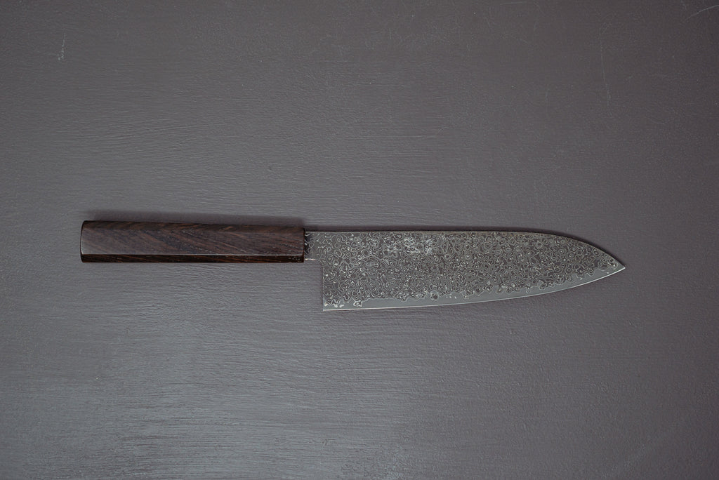 Hatsukokoro Saihyo SG2 Nickel Damascus Kurozome Santoku 180mm - Thecooksedges