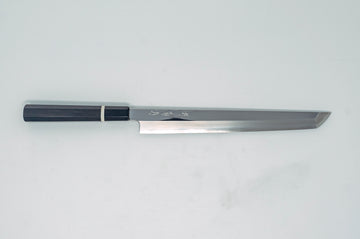 Sakai Kikumori SG2 Mirror Sakimaru Yanagiba 270mm Ebony handle w/black buffalo horn and white spacer - Thecooksedges