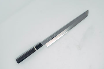 Sakai Kikumori SG2 Mirror Sakimaru Yanagiba 270mm Ebony handle w/black buffalo horn and white spacer - Thecooksedges