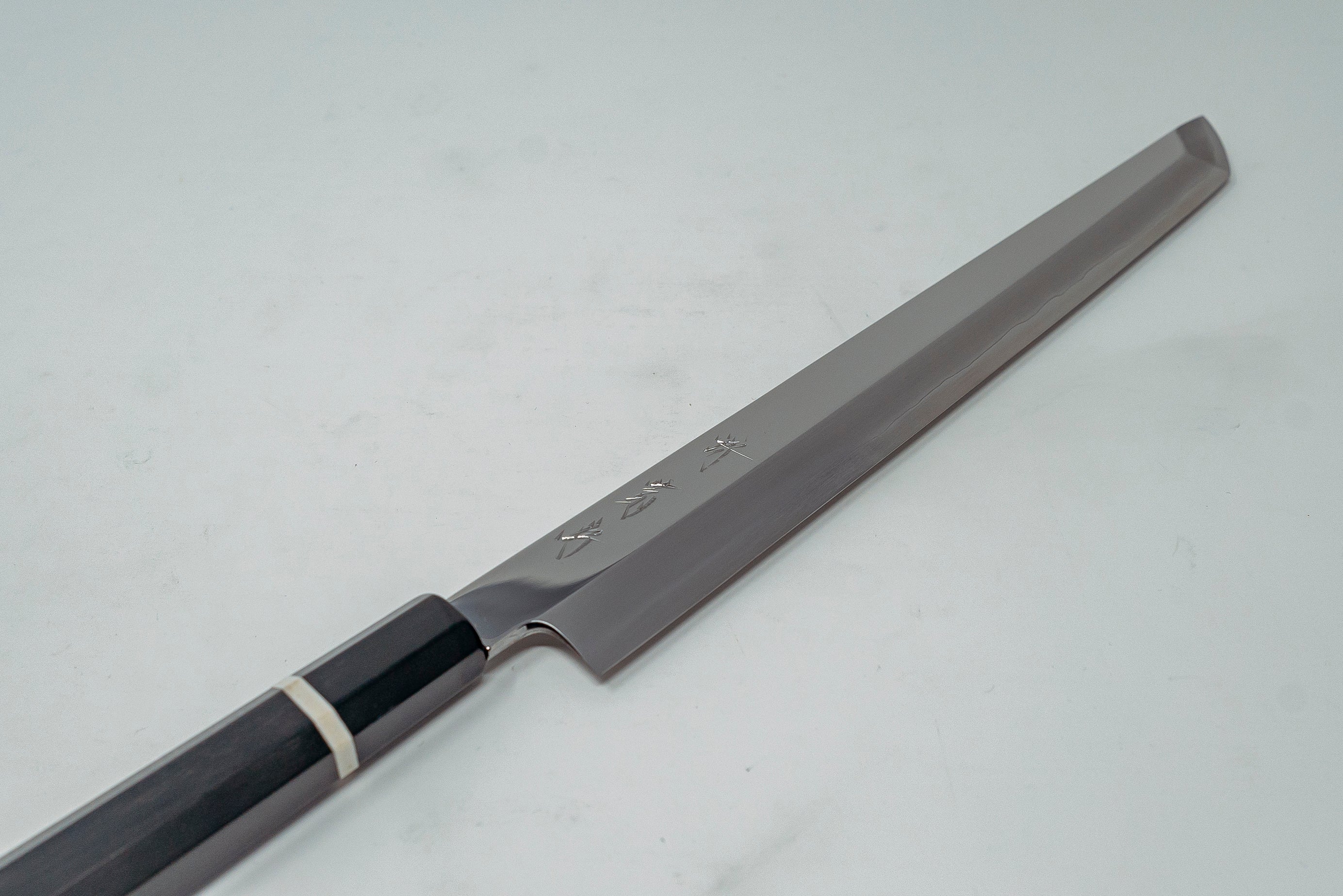 Sakai Kikumori SG2 Mirror Sakimaru Yanagiba 270mm Ebony handle w/black buffalo horn and white spacer - Thecooksedges