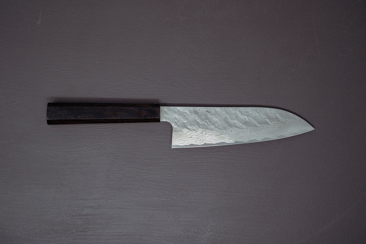 Nigara Hamono VG10 Tsuchime Damascus Santoku 180mm - Thecooksedges