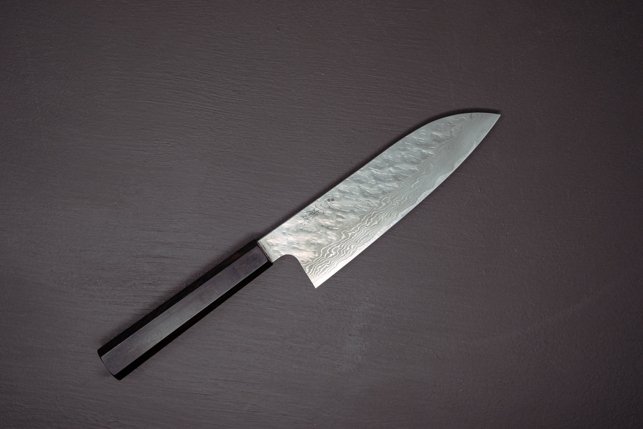 Nigara Hamono VG10 Tsuchime Damascus Santoku 180mm - Thecooksedges