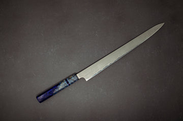 Nigara Hamono Blue#2 Reversible Damascus Sujihiki 360mm w/Matching Saya & Handle - Thecooksedges