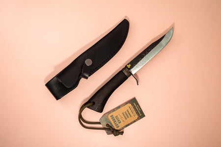 Japanese Outdoor Knife TK053 Black 135mm w/Leather Sheath - Thecooksedges