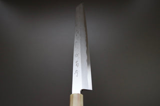 Sakai Kikumori Yoshikazu Tanaka Blue Damascus Kiritsuke Yanagiba 300mm - Thecooksedges