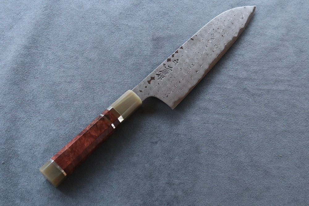 Nigara Hamono SRS13 Anmon Damascus Santoku 180mm w/Karin Saya - Thecooksedges