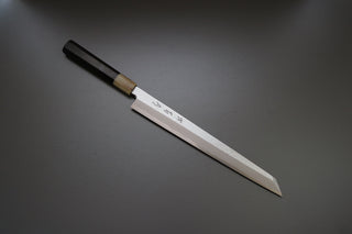 Sakai Kikumori Yoshikazu Tanaka Blue Damascus Kiritsuke Yanagiba 300mm - Thecooksedges