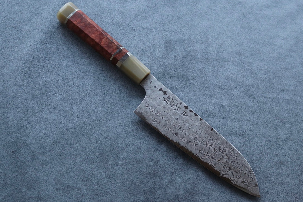Nigara Hamono SRS13 Anmon Damascus Santoku 180mm w/Karin Saya - Thecooksedges