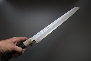 Sakai Kikumori Yoshikazu Tanaka Blue Damascus Kiritsuke Yanagiba 300mm - Thecooksedges