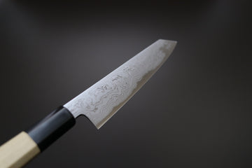 Sakai Kikumori Yoshikazu Tanaka Blue Damascus Kiritsuke Petty 135mm - Thecooksedges
