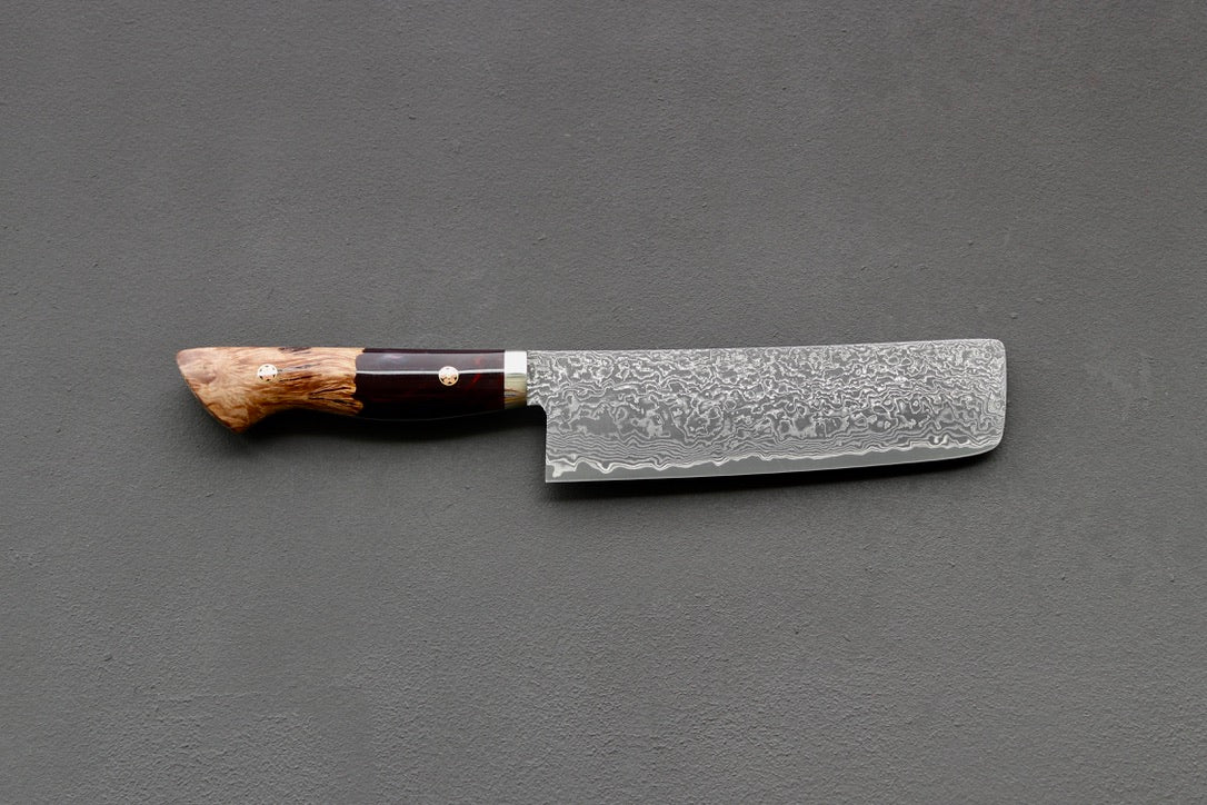 Shigeki Tanaka R2 Damascus Nakiri 170mm w/Custom Western Acrylic/Birch Handle - Thecooksedges