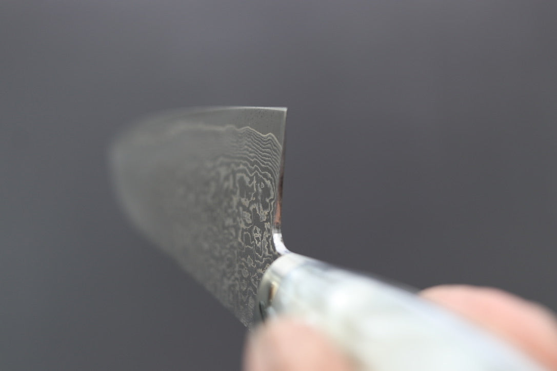 Shigeki Tanaka R2 Damascus Santoku w/Custom Western White Acrylic Handle - Thecooksedges
