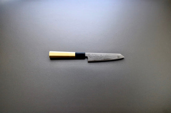Sakai Kikumori Yoshikazu Tanaka Blue Damascus Kiritsuke Petty 135mm - Thecooksedges