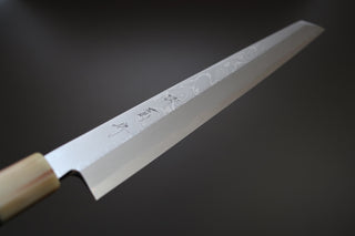 Sakai Kikumori Yoshikazu Tanaka Blue Damascus Kiritsuke Yanagiba 300mm - Thecooksedges