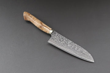 Shigeki Tanaka R2 Damascus Santoku w/Custom Western Birch Handle - Thecooksedges