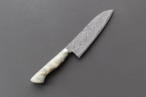 Shigeki Tanaka R2 Damascus Santoku w/Custom Western White Acrylic Handle - Thecooksedges