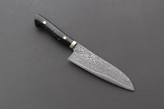 Shigeki Tanaka R2 Damascus Santoku w/Custom Western Black Acrylic Handle - Thecooksedges