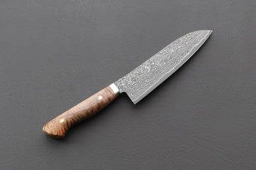 Shigeki Tanaka R2 Damascus Santoku w/Custom Western Birch Handle - Thecooksedges