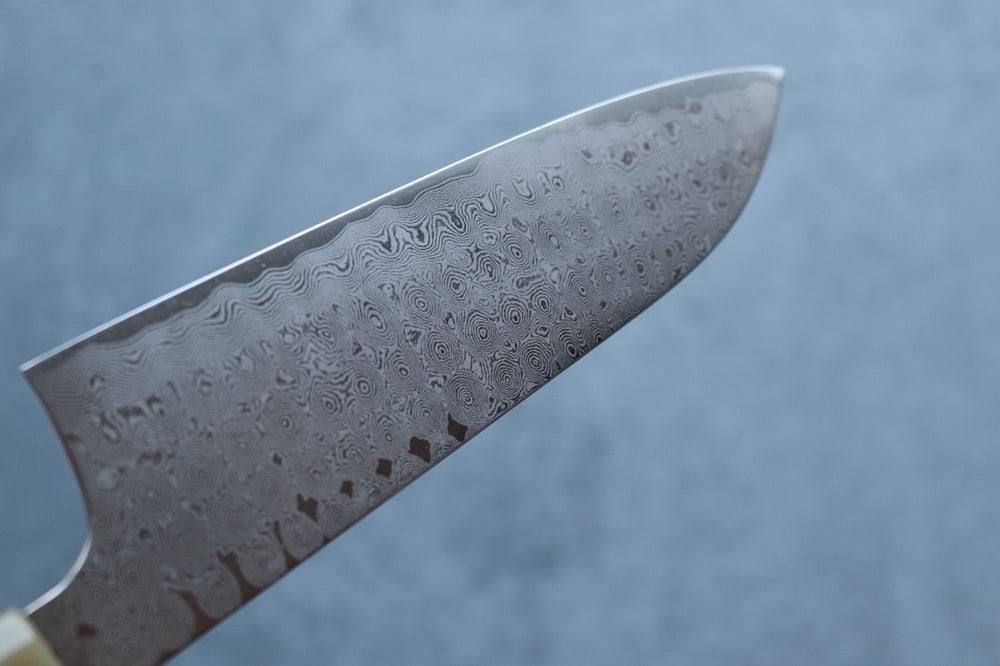 Nigara Hamono SRS13 Anmon Damascus Santoku 180mm w/Karin Saya - Thecooksedges