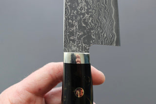 Shigeki Tanaka R2 Damascus Santoku w/Custom Western Black Acrylic Handle - Thecooksedges