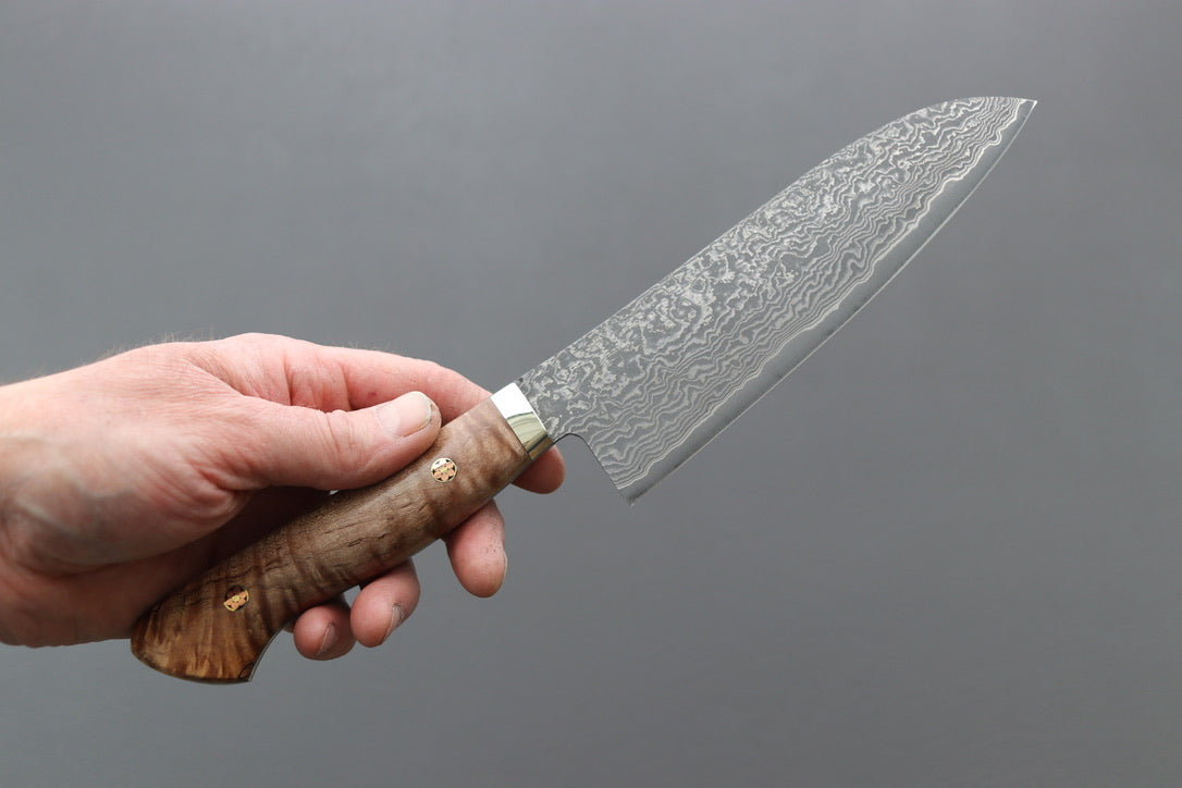 Shigeki Tanaka R2 Damascus Santoku w/Custom Western Birch Handle - Thecooksedges