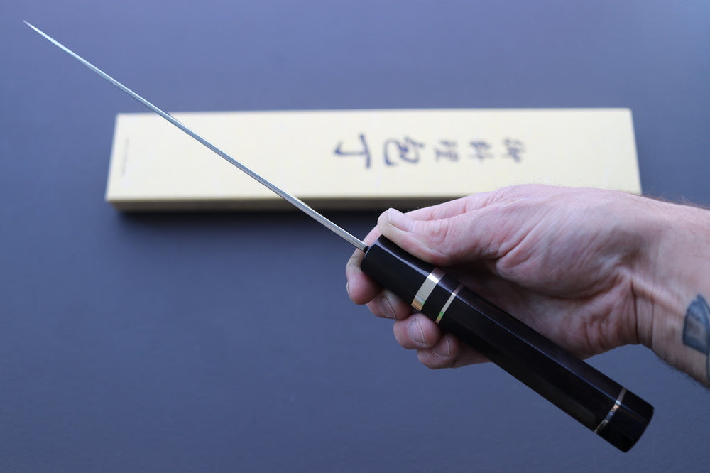 Yoshikazu Ikeda White#1 Mirror Finished Namiukashi/Fujisan/Moon Mizu Honyaki Gyuto 240mm - Thecooksedges