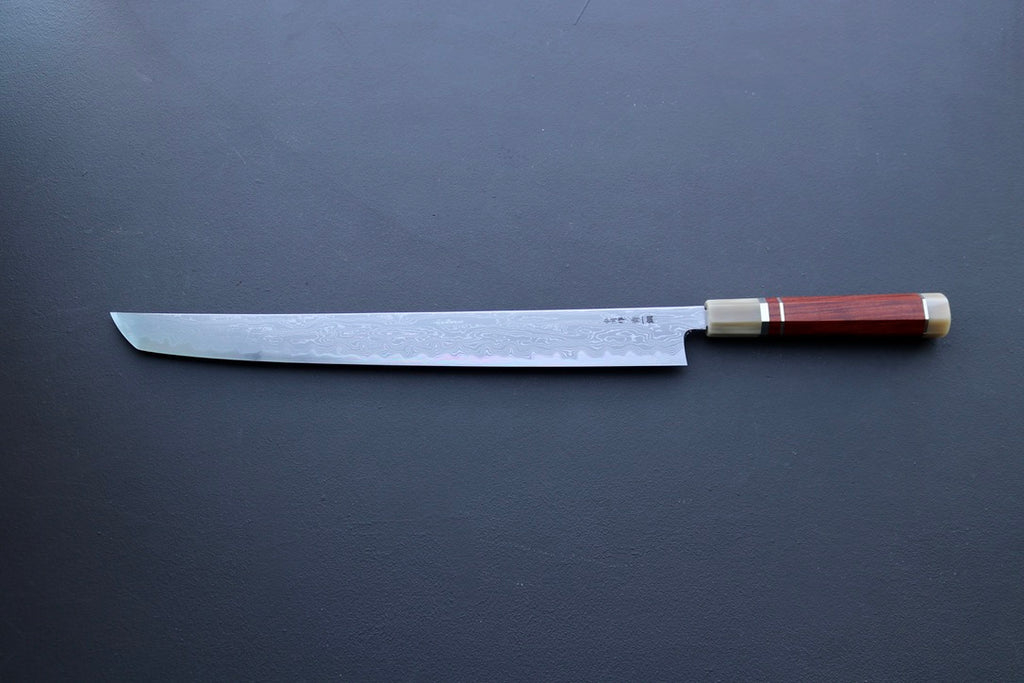 Nakagawa x Myojin Blue1 Damascus Sakimaru Sujihiki 390mm - Thecooksedges