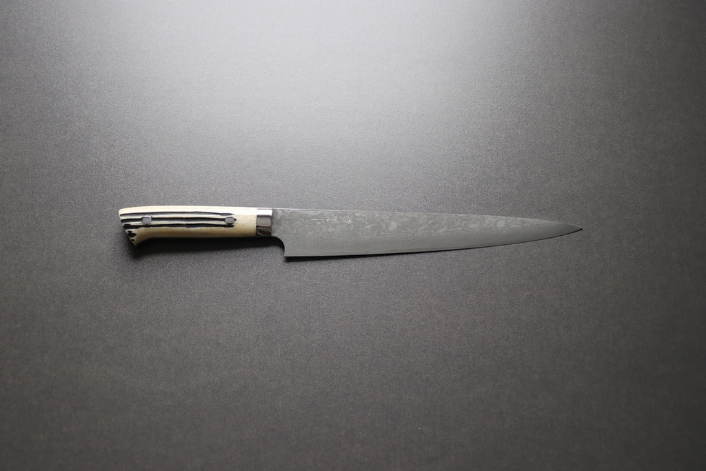 Takeshi Saji R2 Damascus Sujihiki 240mm Staghorn handle - Thecooksedges