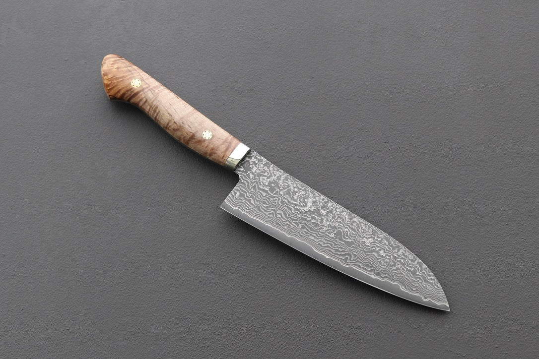 Shigeki Tanaka R2 Damascus Santoku w/Custom Western Birch Handle - Thecooksedges