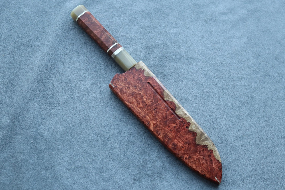 Nigara Hamono SRS13 Anmon Damascus Santoku 180mm w/Karin Saya - Thecooksedges