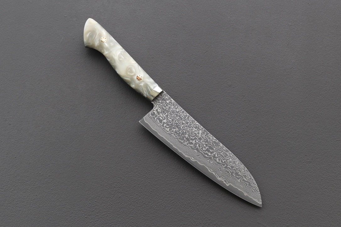 Shigeki Tanaka R2 Damascus Santoku w/Custom Western White Acrylic Handle - Thecooksedges
