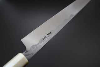Sakai Kikumori Yoshikazu Tanaka Blue Damascus Kiritsuke Yanagiba 300mm - Thecooksedges