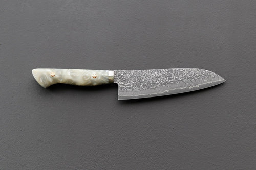 Shigeki Tanaka R2 Damascus Santoku w/Custom Western White Acrylic Handle - Thecooksedges