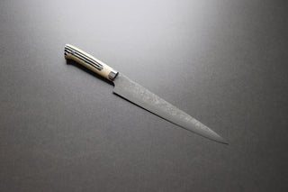 Takeshi Saji R2 Damascus Sujihiki 240mm Staghorn handle - Thecooksedges