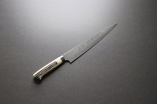 Takeshi Saji R2 Damascus Sujihiki 240mm Staghorn handle - Thecooksedges