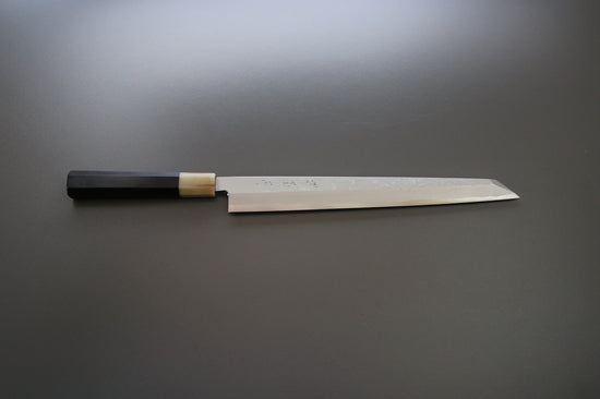 Sakai Kikumori Yoshikazu Tanaka Blue Damascus Kiritsuke Yanagiba 300mm - Thecooksedges