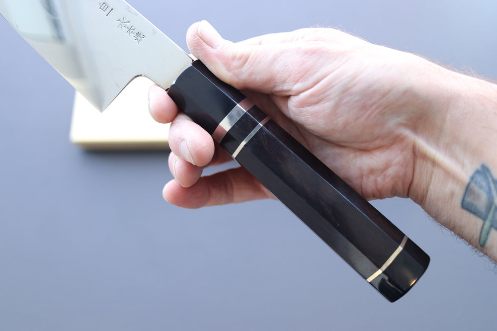 Yoshikazu Ikeda White#1 Mirror Finished Namiukashi/Fujisan/Moon Mizu Honyaki Gyuto 240mm - Thecooksedges