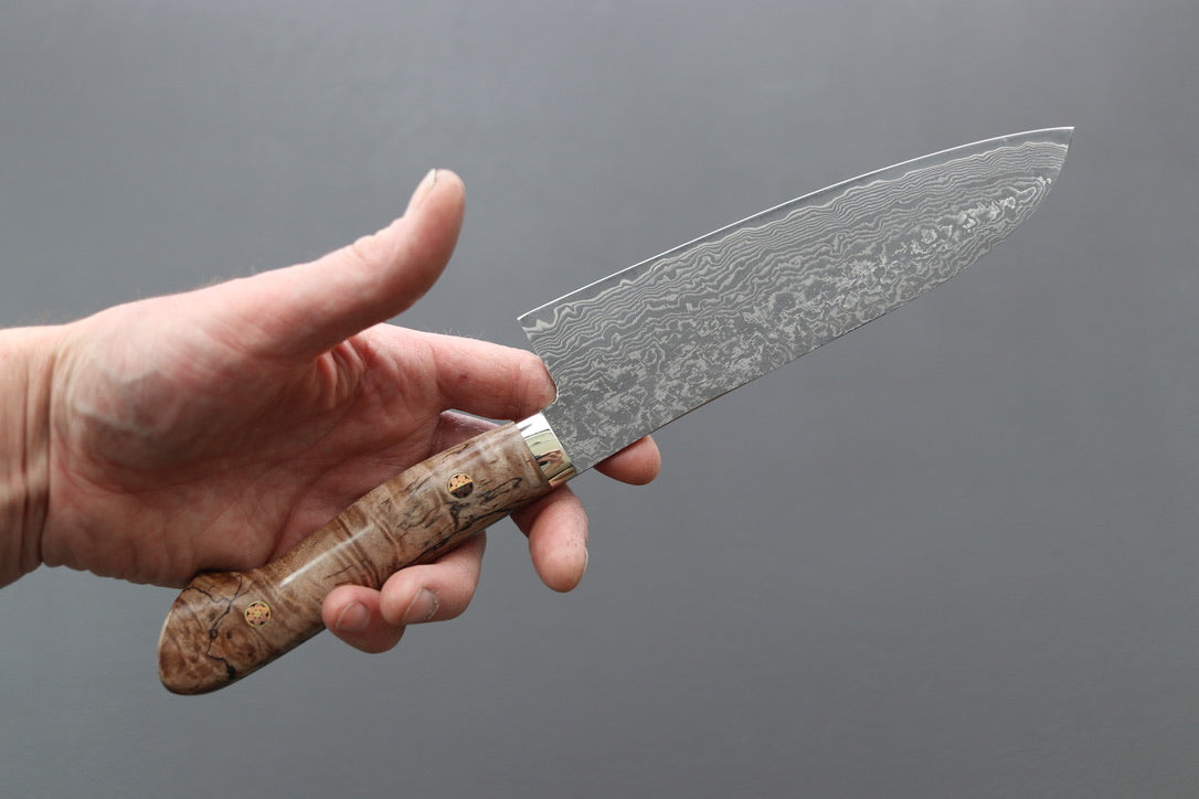 Shigeki Tanaka R2 Damascus Santoku w/Custom Western Birch Handle - Thecooksedges