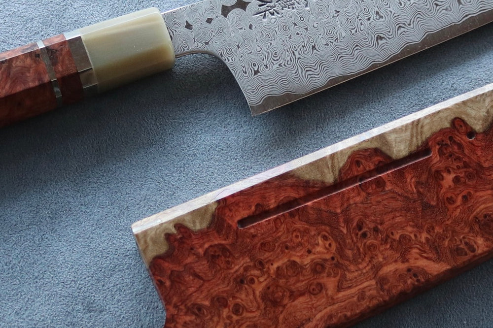 Nigara Hamono SRS13 Anmon Damascus Santoku 180mm w/Karin Saya - Thecooksedges