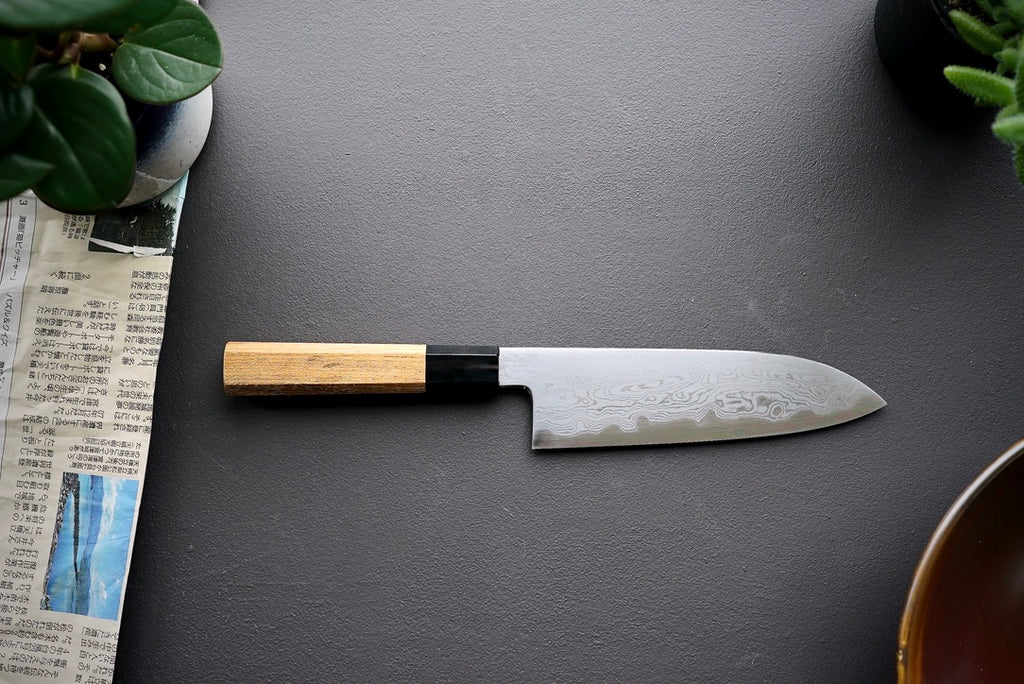 Nakagawa x Myojin Blue #1 Damascus Santoku 180mm - Thecooksedges