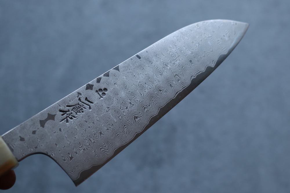 Nigara Hamono SRS13 Anmon Damascus Santoku 180mm w/Karin Saya - Thecooksedges