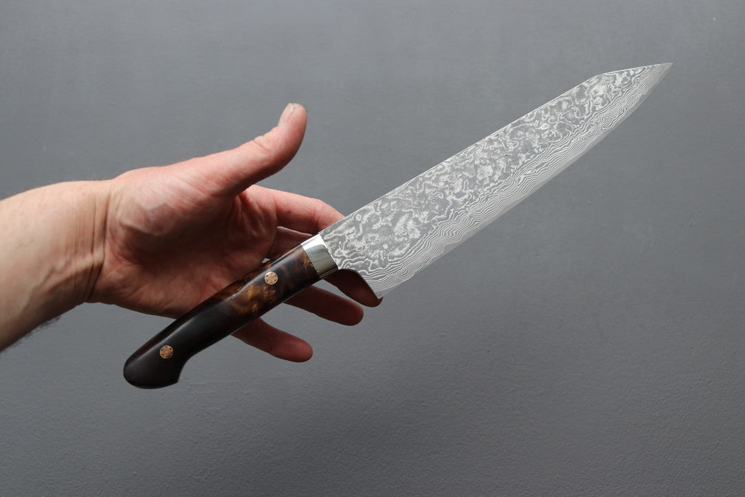 Takeshi Saji R2 Damascus Kiritsuke 240mm w/Ironwood Handle - Thecooksedges