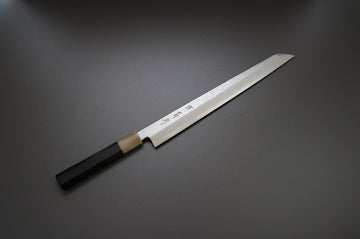 Sakai Kikumori Yoshikazu Tanaka Blue Damascus Kiritsuke Yanagiba 300mm - Thecooksedges
