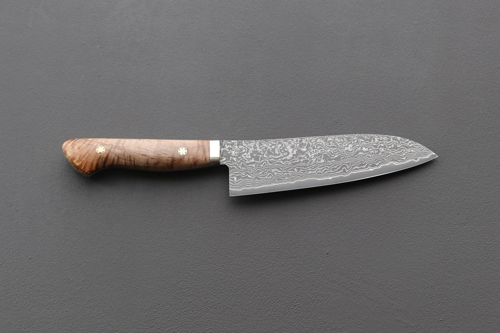 Shigeki Tanaka R2 Damascus Santoku w/Custom Western Birch Handle - Thecooksedges