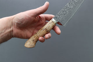 Shigeki Tanaka R2 Damascus Santoku w/Custom Western Birch Handle - Thecooksedges