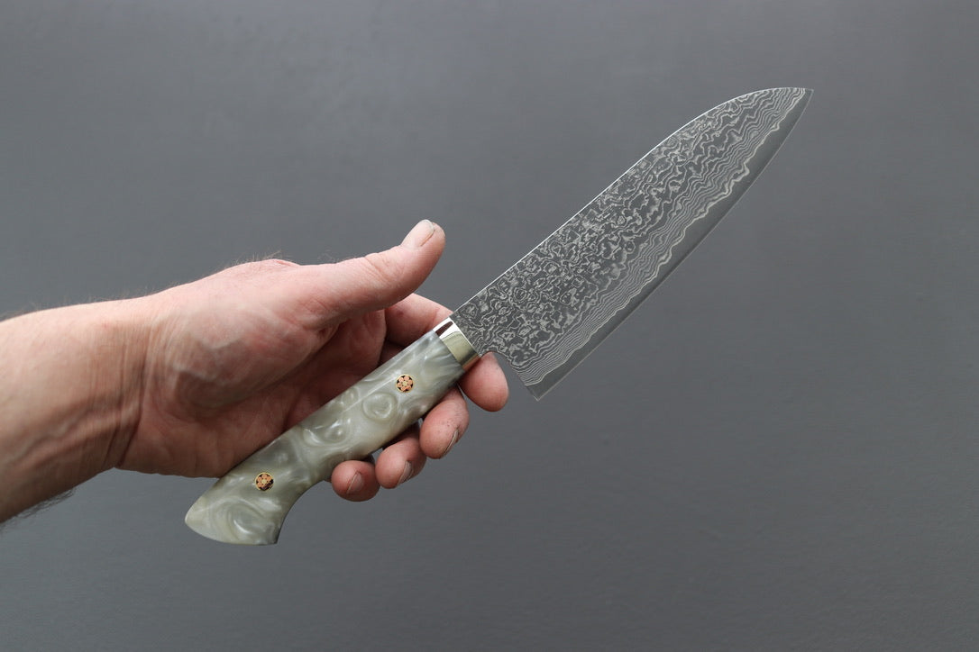 Shigeki Tanaka R2 Damascus Santoku w/Custom Western White Acrylic Handle - Thecooksedges