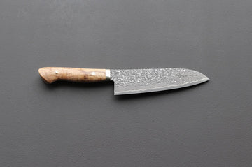 Shigeki Tanaka R2 Damascus Santoku w/Custom Western Birch Handle - Thecooksedges