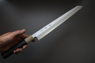Sakai Kikumori Yoshikazu Tanaka Blue Damascus Kiritsuke Yanagiba 300mm - Thecooksedges