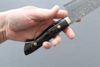 Shigeki Tanaka R2 Damascus Santoku w/Custom Western Black Acrylic Handle - Thecooksedges