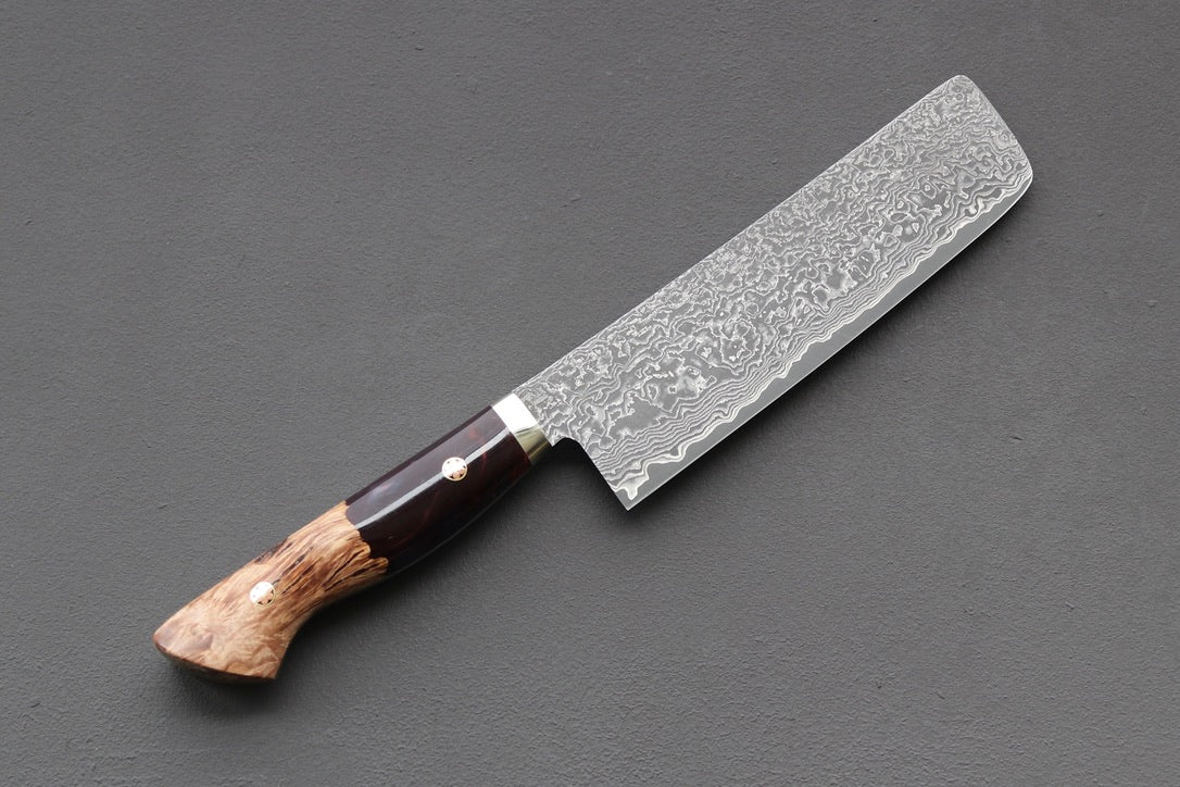 Shigeki Tanaka R2 Damascus Nakiri 170mm w/Custom Western Acrylic/Birch Handle - Thecooksedges